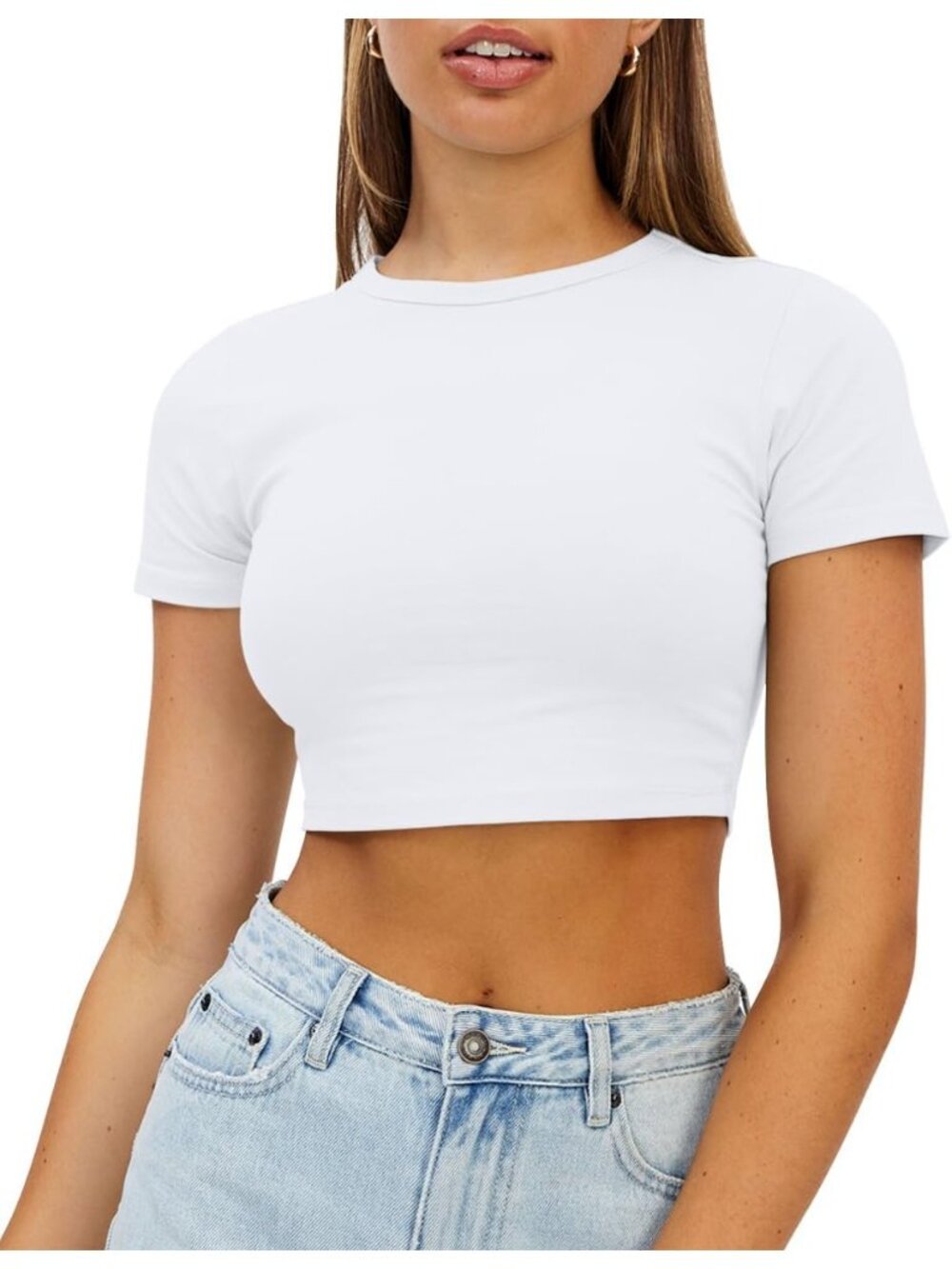 Women's White Summer Crew Neck Basic Tees Slim Fit Trendy Short Sleeve Crop Tops